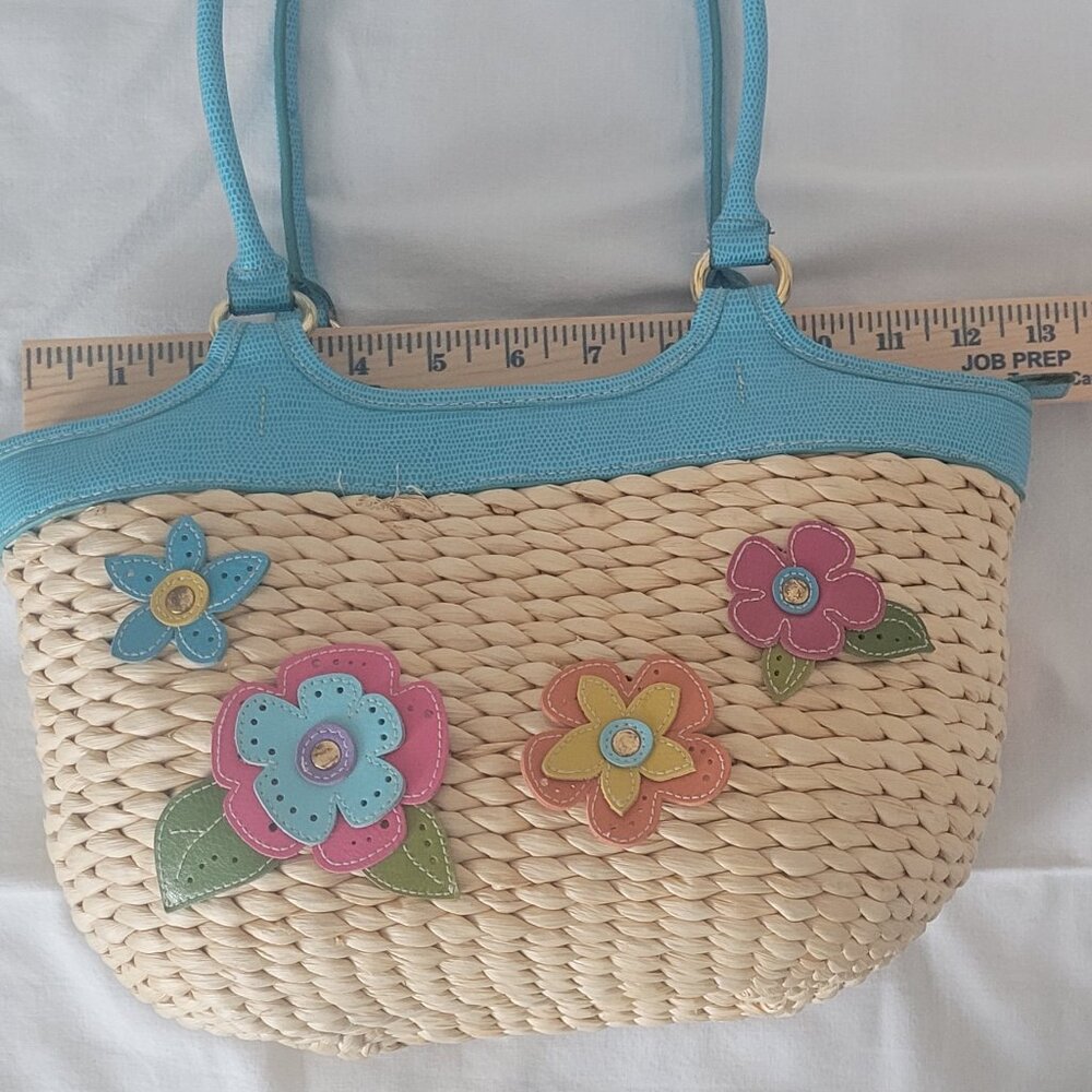 Straw Purse Vintage Flower Embellished Multi Color with Blue Trim